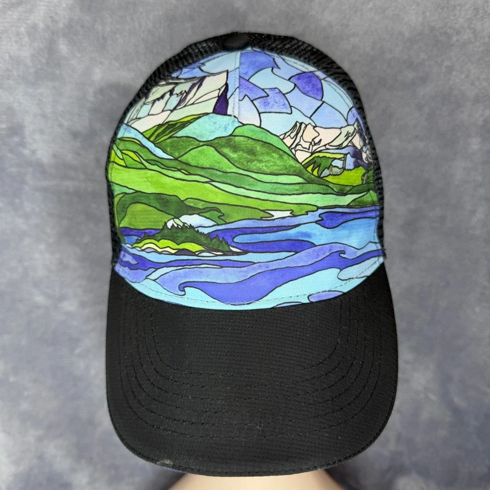 Headsweats Trucker Hat Unisex‎ OSFM Black Glacier National Park Stained Glass